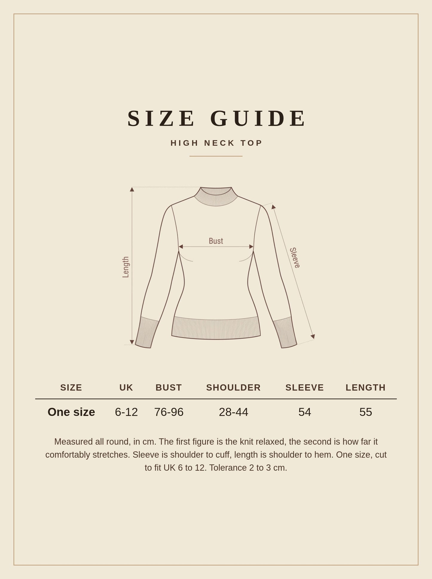 Size guide for the Harlbury high neck top, one size, measurements in centimetres