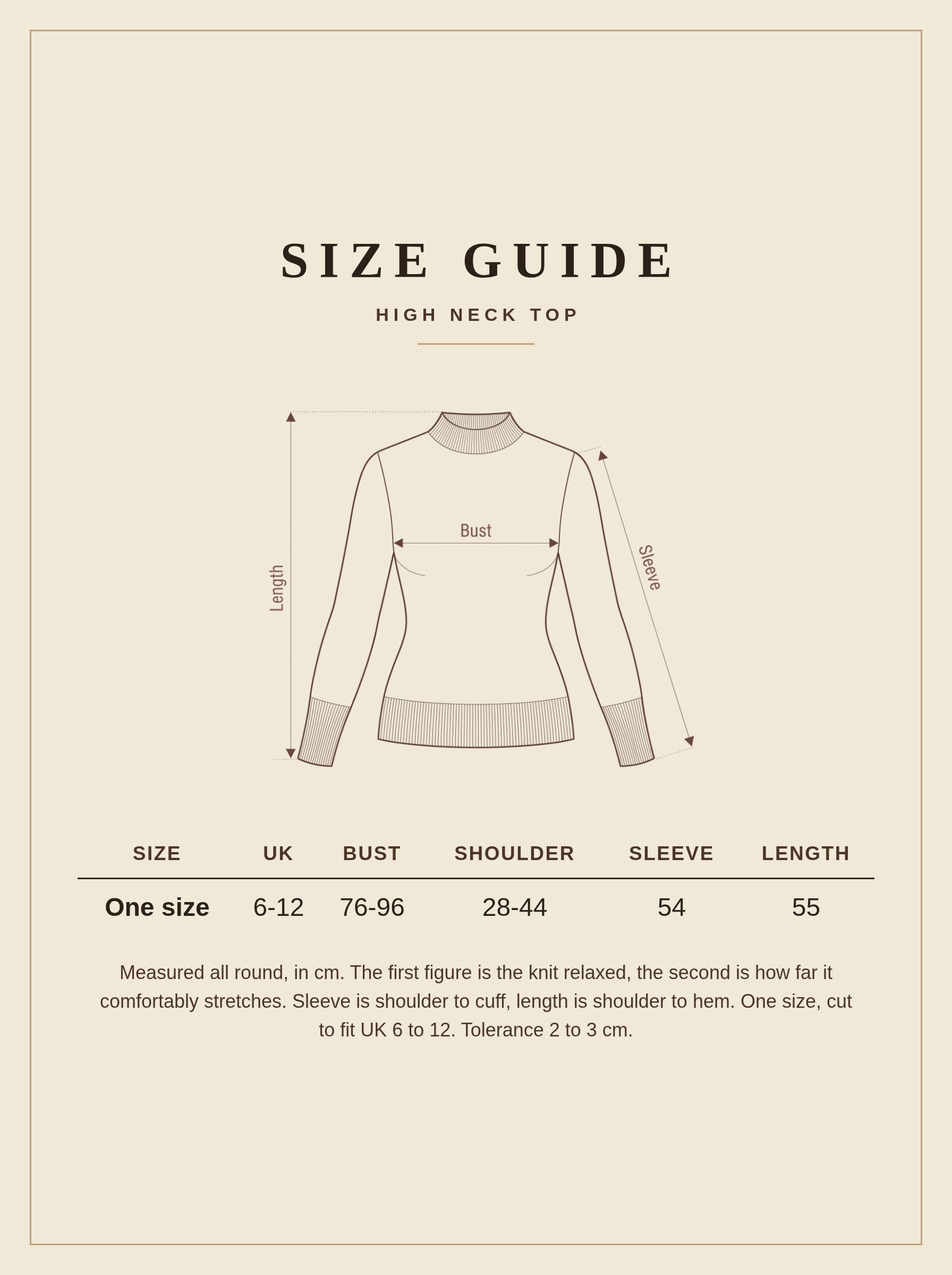 Size guide for the Harlbury high neck top, one size, measurements in centimetres