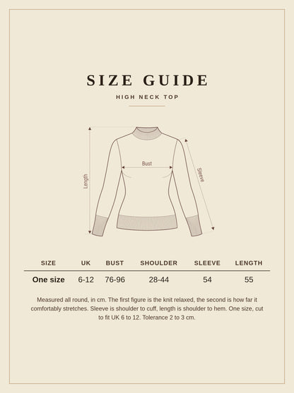 Size guide for the Harlbury high neck top, one size, measurements in centimetres