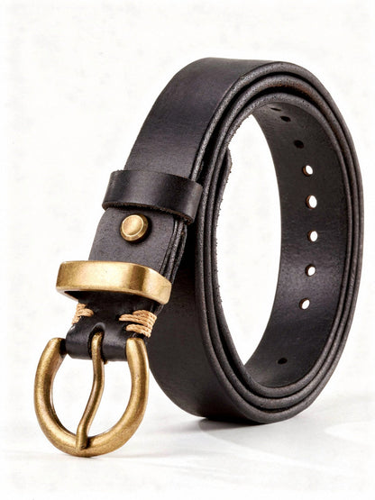 Womens jeans belt in black cow leather with an antique brass round buckle