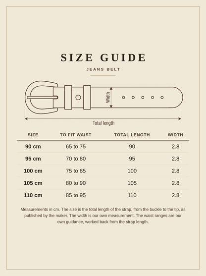 Jeans belt size guide, five strap lengths from 90 to 110 cm with waist ranges and a 2.8 cm width