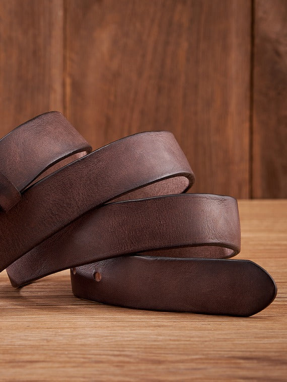 Teak dark brown cow leather jeans belt coiled to show its full length