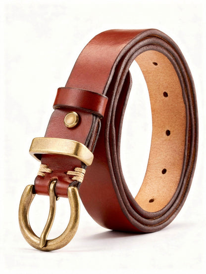 Womens jeans belt in Whisky tan cow leather, a 2.8 cm strap with an antique brass round buckle