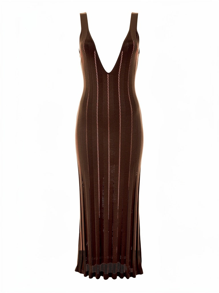 Open back knit dress in Clove, front packshot on an invisible mannequin