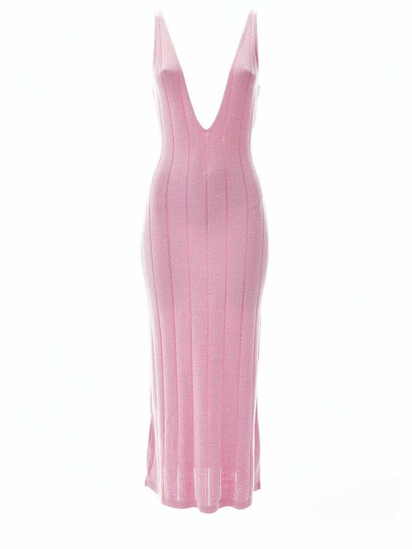 Open back knit dress in Peony, front packshot on an invisible mannequin