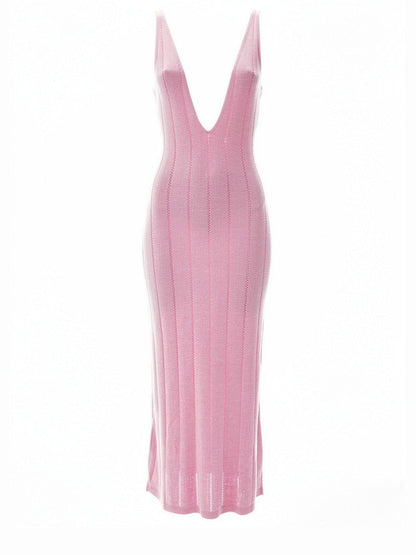 Open back knit dress in Peony, front packshot on an invisible mannequin