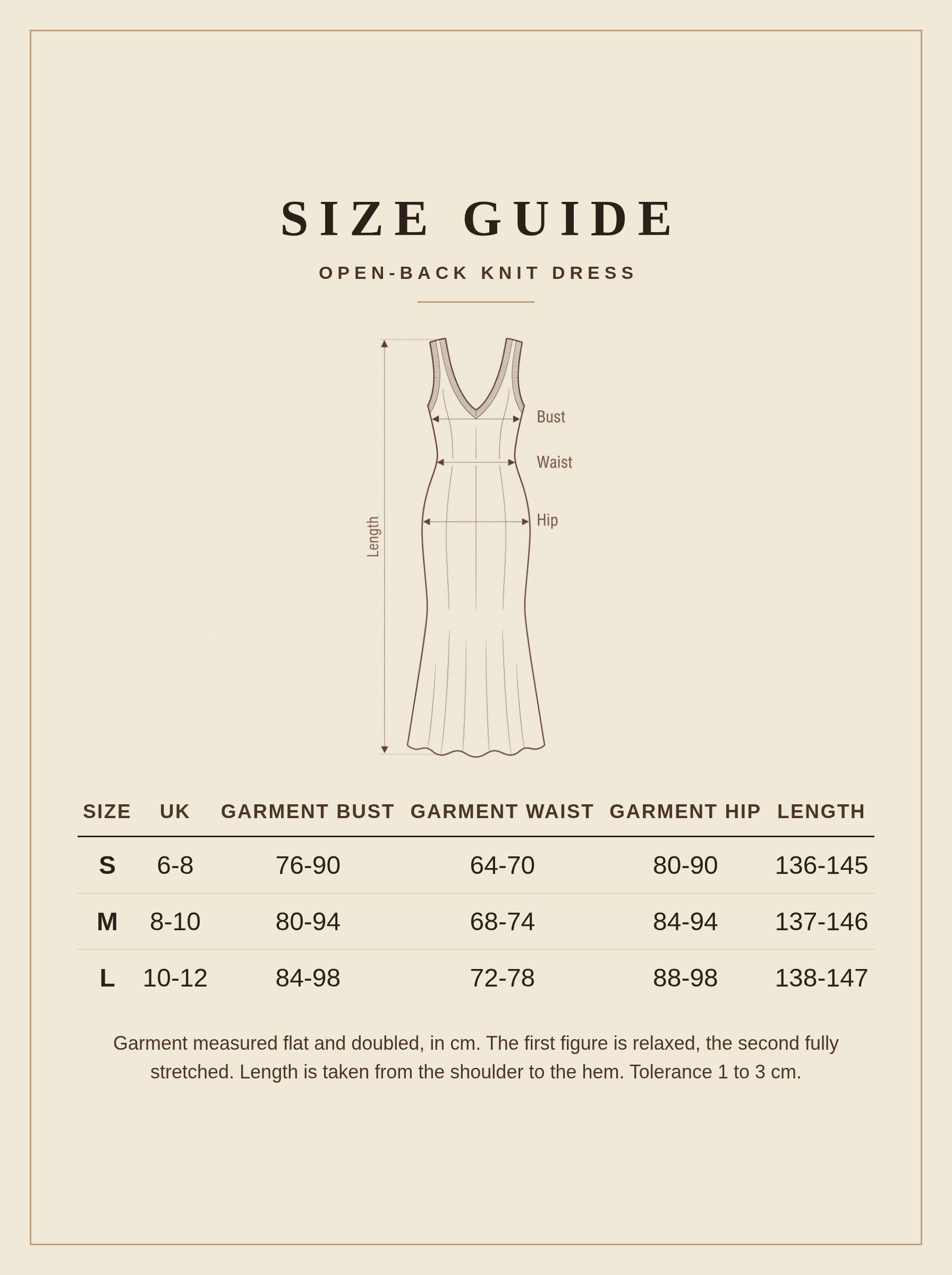 Size guide for the Yealand knit dress, sizes S to L measured in centimetres