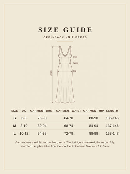 Size guide for the Yealand knit dress, sizes S to L measured in centimetres