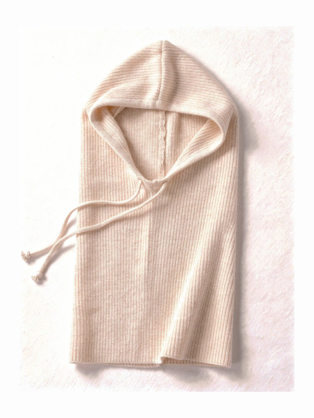 Didbrook knitted hood and drawstring rib snood in Millet, laid flat