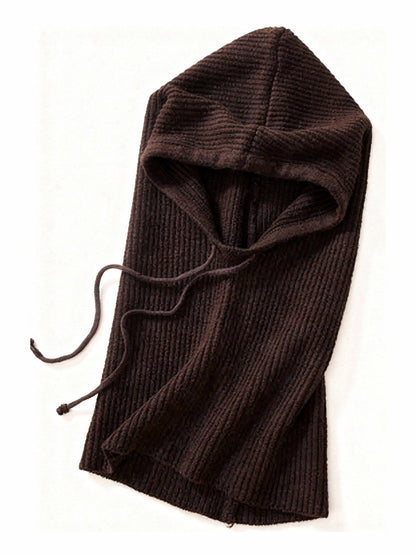 Didbrook knitted hood and drawstring rib snood in Pumpernickel, laid flat