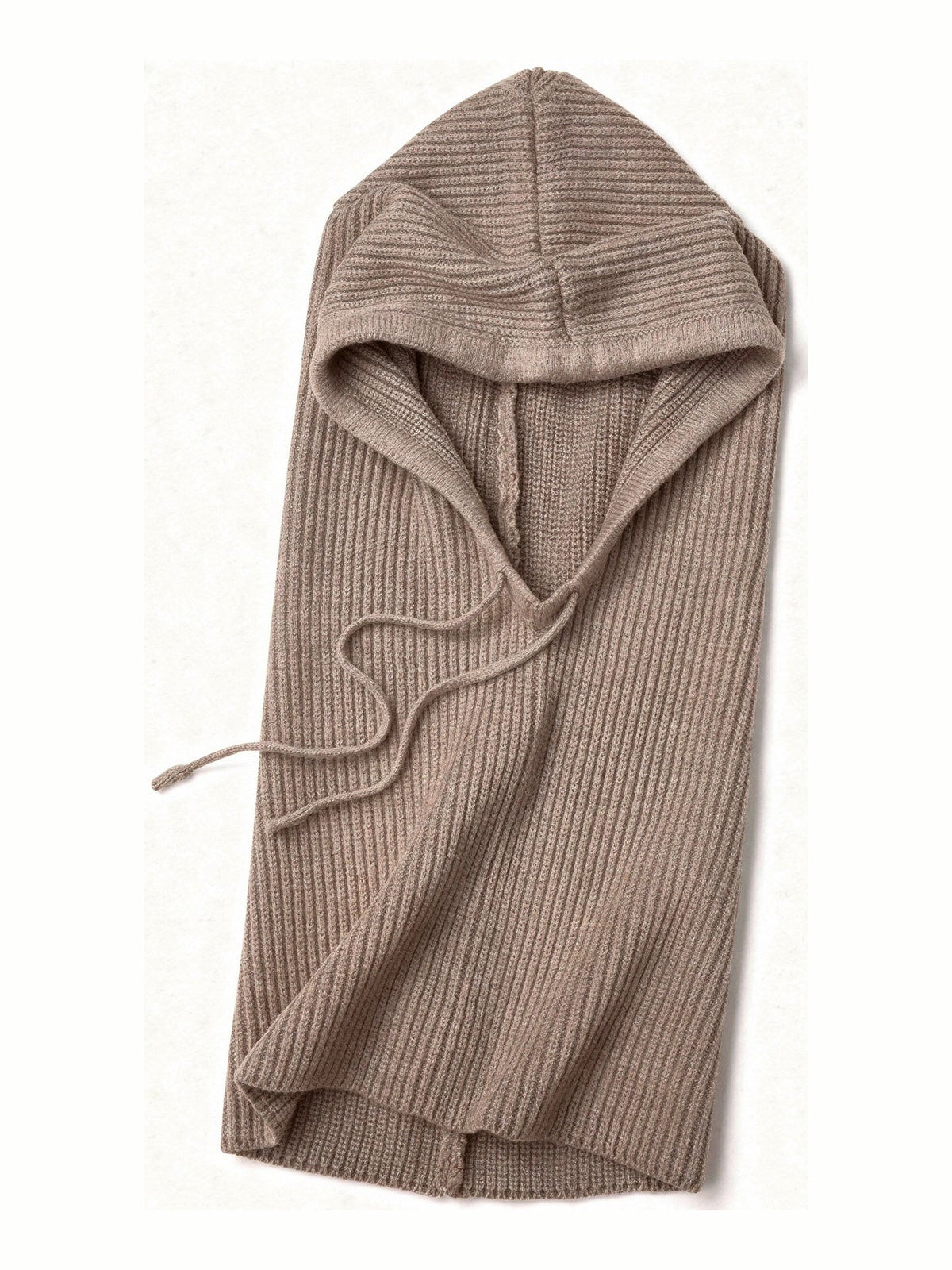 Didbrook knitted hood and drawstring rib snood in Silt, laid flat