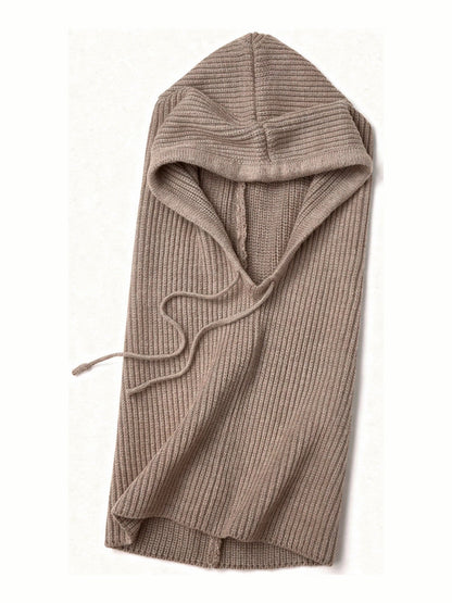 Didbrook knitted hood and drawstring rib snood in Silt, laid flat