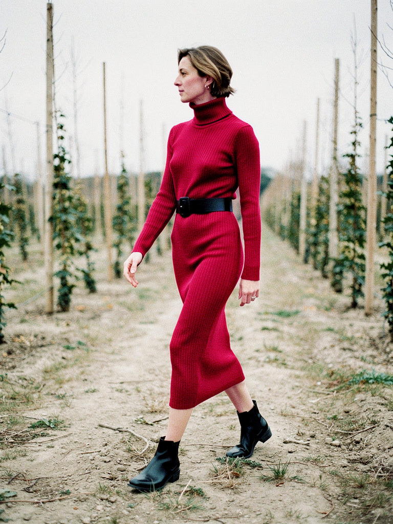 Knitted midi dress in Cherry Red, belted fine-rib bodycon, worn in a winter hop garden