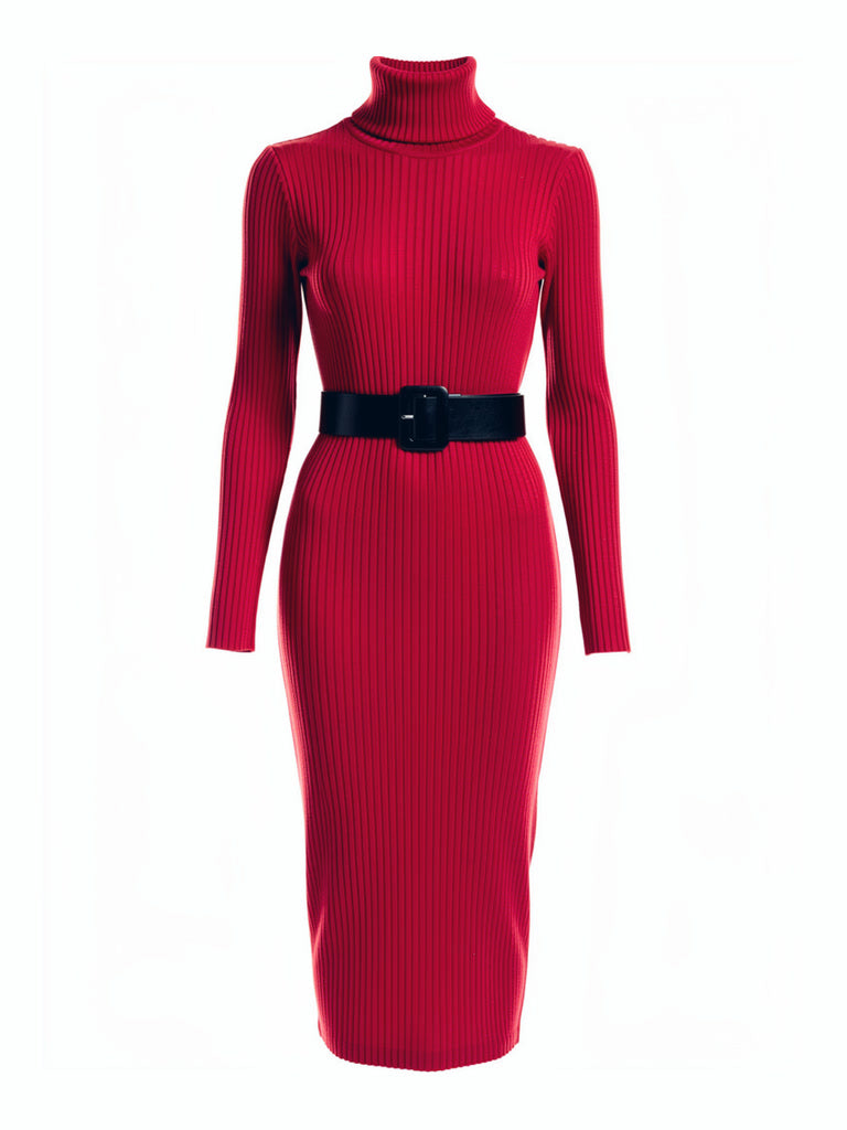 Knitted midi dress in Cherry Red, fine-rib bodycon with its wide belt, front view
