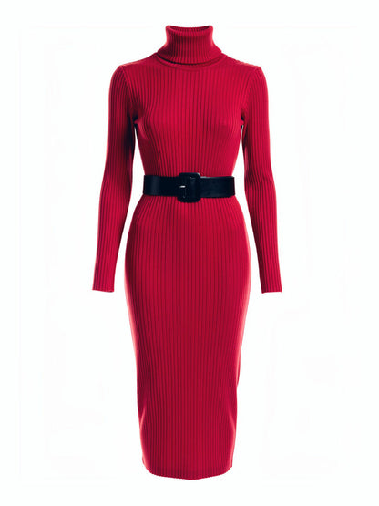 Knitted midi dress in Cherry Red, fine-rib bodycon with its wide belt, front view