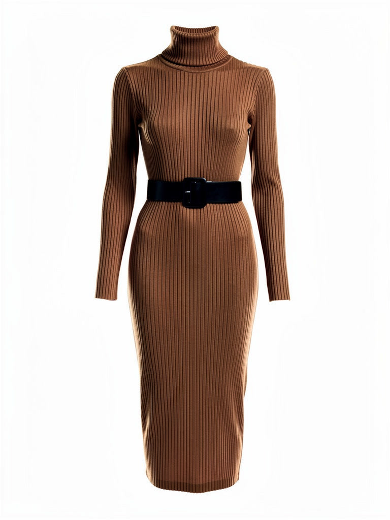 Knitted midi dress in Mocha, fine-rib bodycon with its wide belt, front view