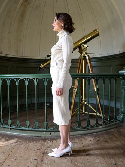 Knitted midi dress in Optic White, belted fine-rib bodycon, side view