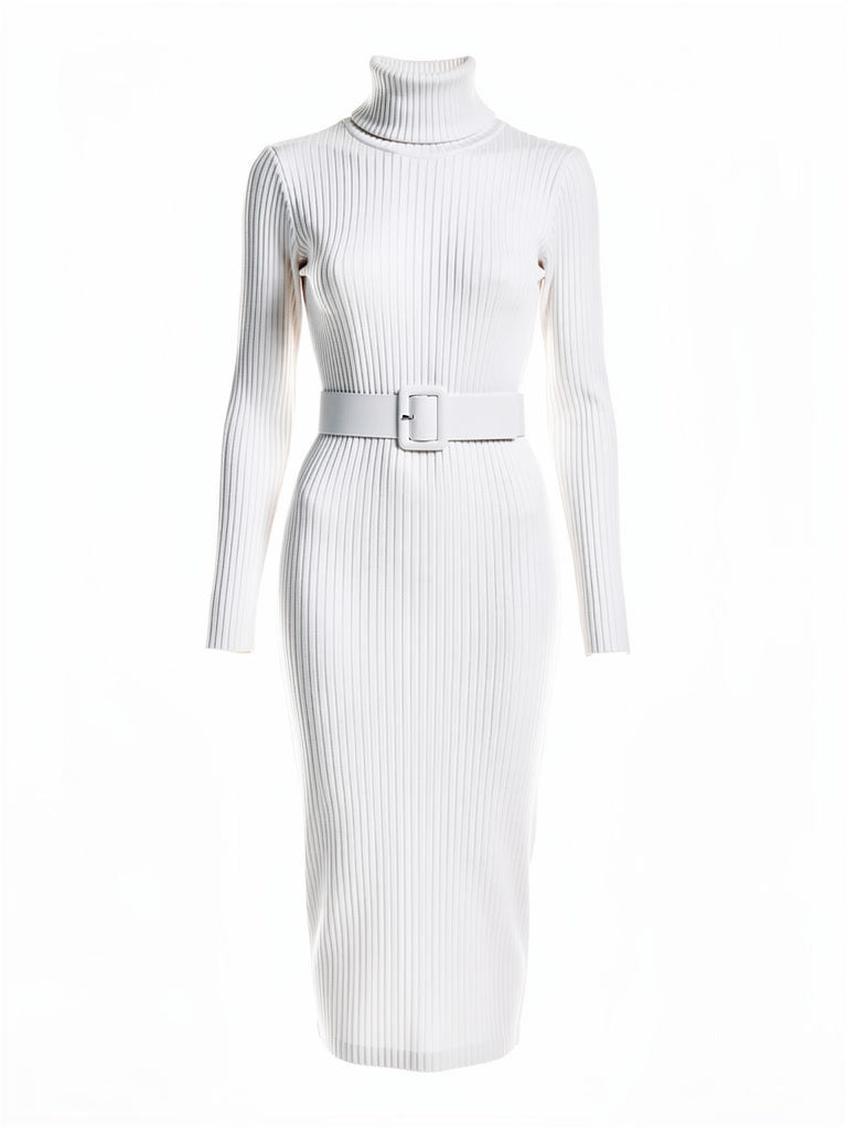 Knitted midi dress in Optic White, fine-rib bodycon with its wide belt, front view