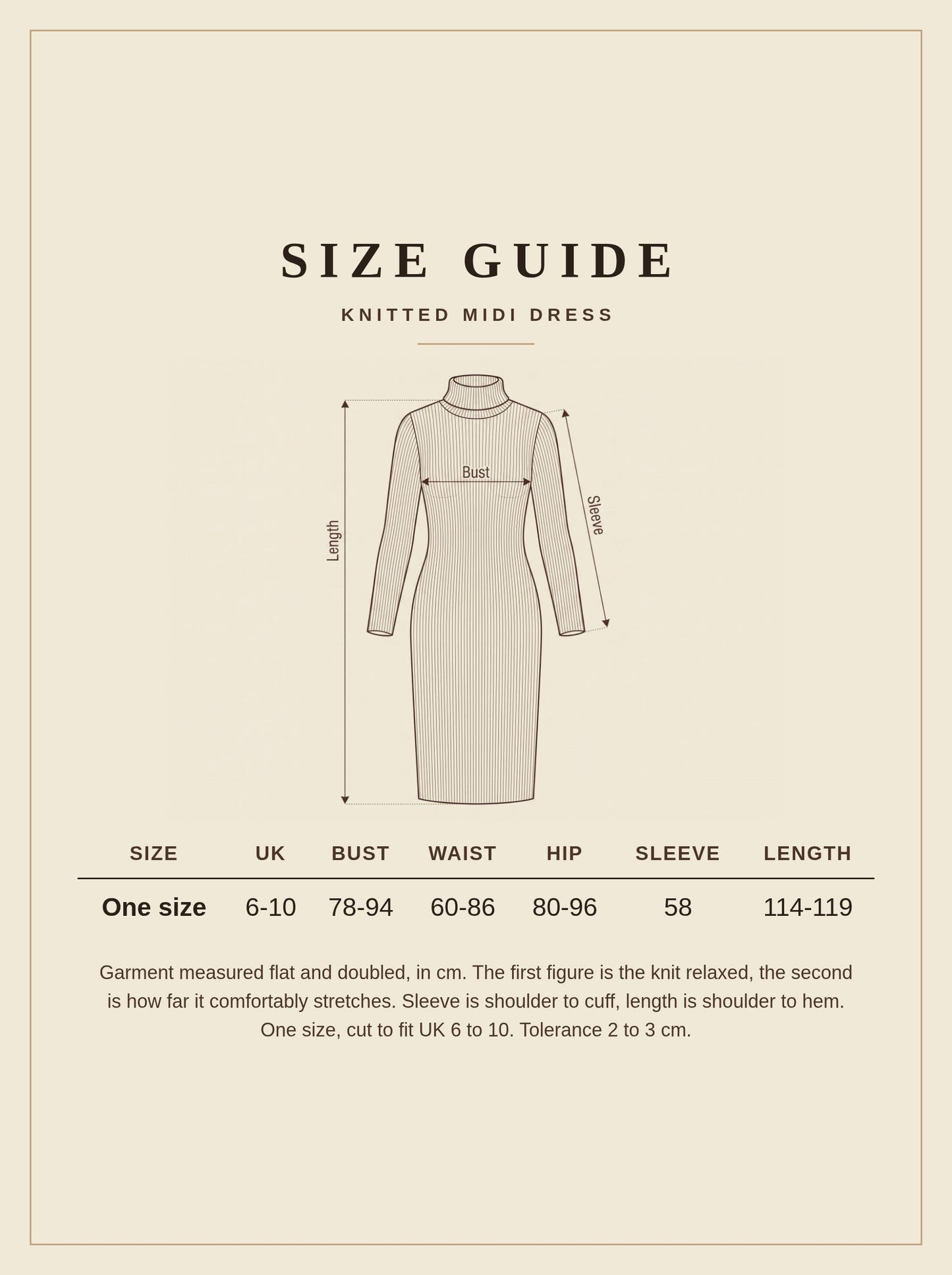Size guide for the Osmington knitted midi dress, one size, UK 6 to 10