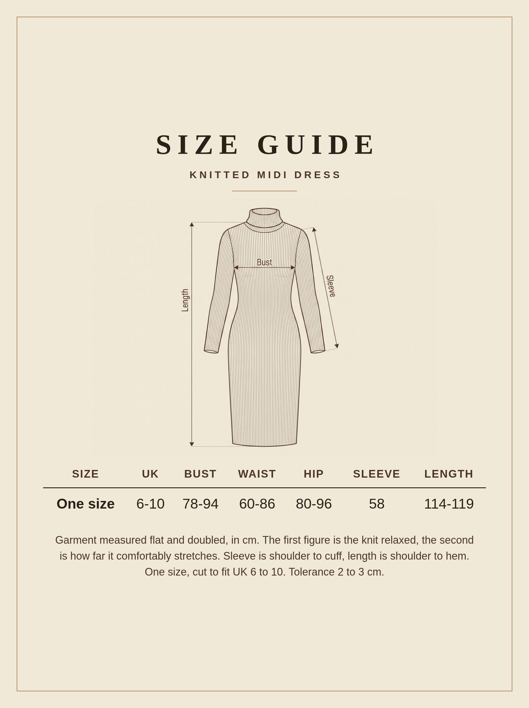 Size guide for the Osmington knitted midi dress, one size, UK 6 to 10