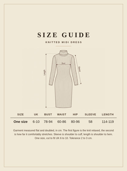 Size guide for the Osmington knitted midi dress, one size, UK 6 to 10