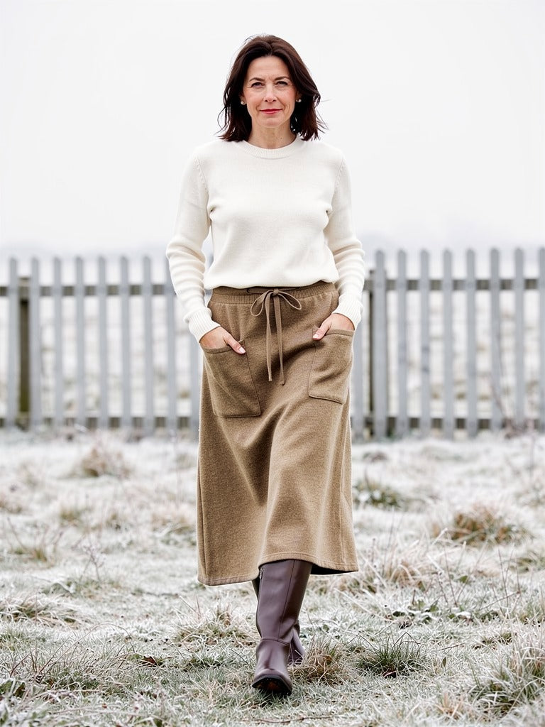 Womens knitted midi skirt in hazelnut brushed knit, worn with a cream jumper tucked in, showing the two patch pockets and the drawstring waist