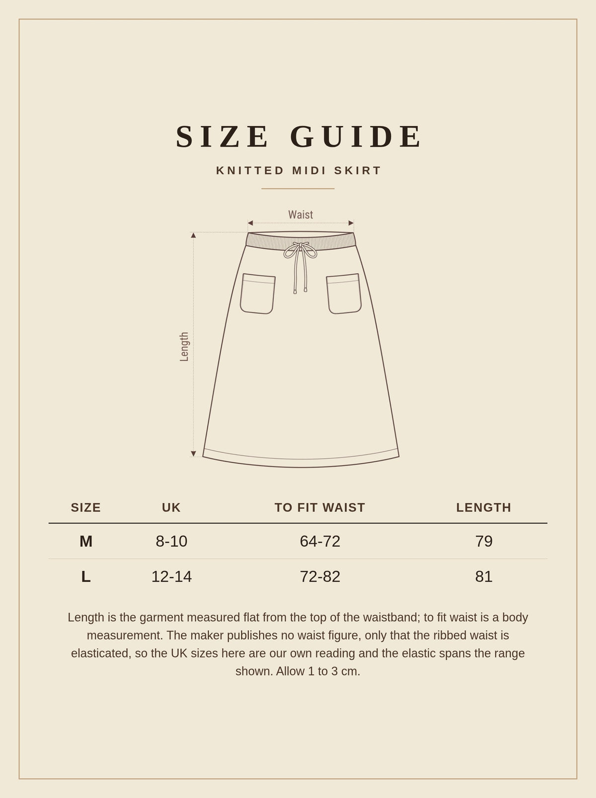 Size guide for the knitted midi skirt: sizes M and L, UK 8 to 10 and UK 12 to 14, with to fit waist and length in centimetres
