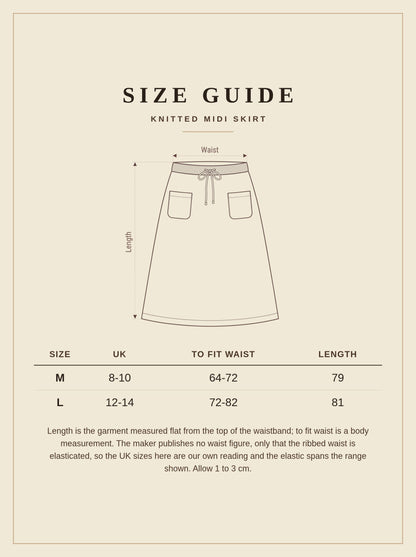 Size guide for the knitted midi skirt: sizes M and L, UK 8 to 10 and UK 12 to 14, with to fit waist and length in centimetres
