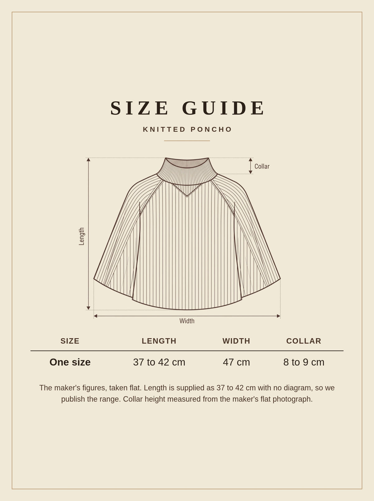 Size guide for the knitted poncho, one size, length 37 to 42 cm, width 47 cm, collar 8 to 9 cm