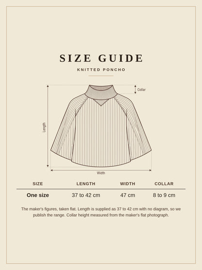 Size guide for the knitted poncho, one size, length 37 to 42 cm, width 47 cm, collar 8 to 9 cm