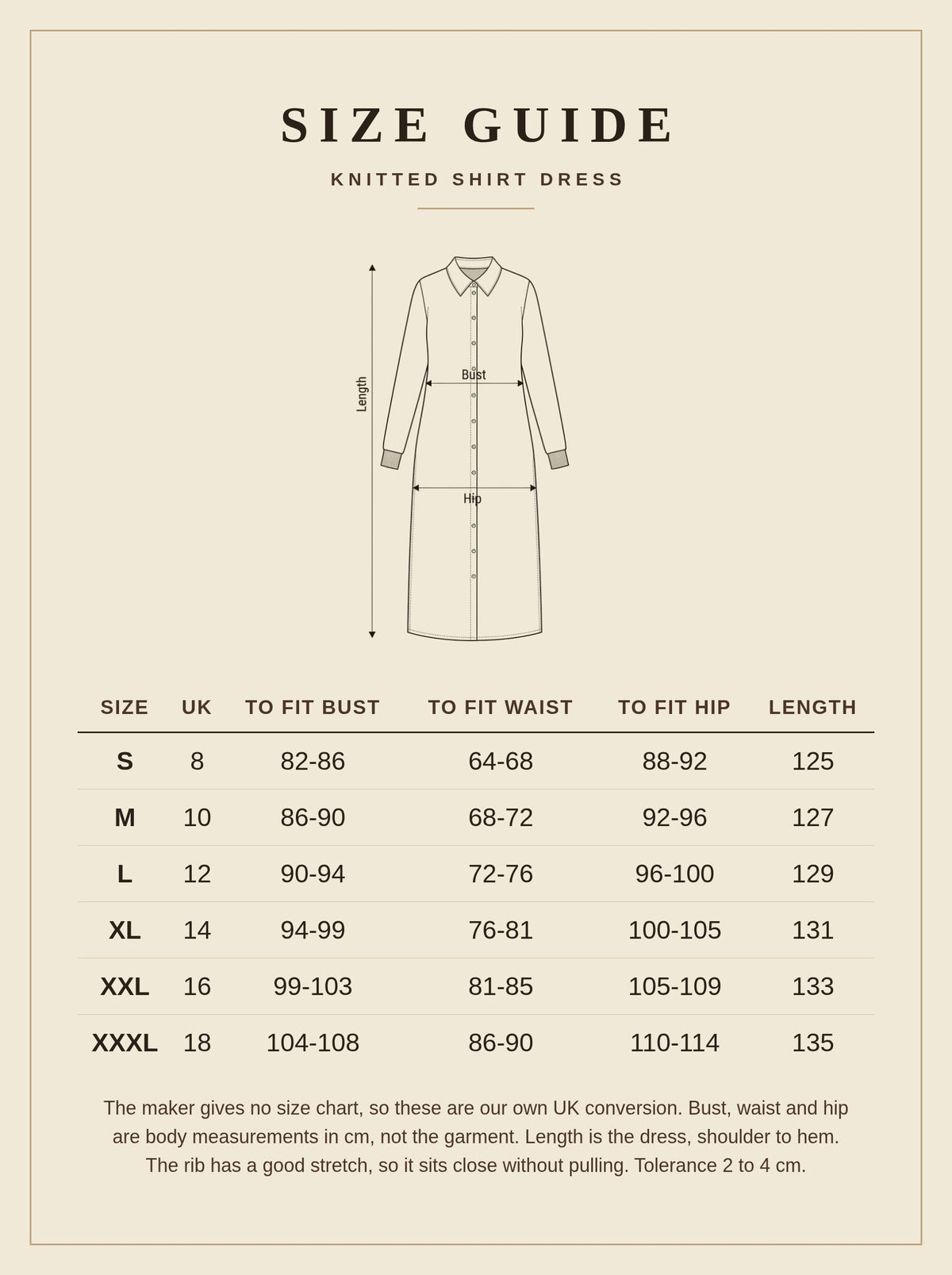 Size guide for the knitted shirt dress, UK 8 to 18 with body measurements in cm