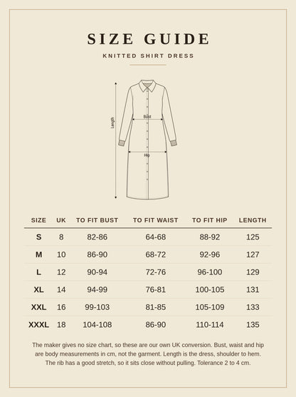 Size guide for the knitted shirt dress, UK 8 to 18 with body measurements in cm