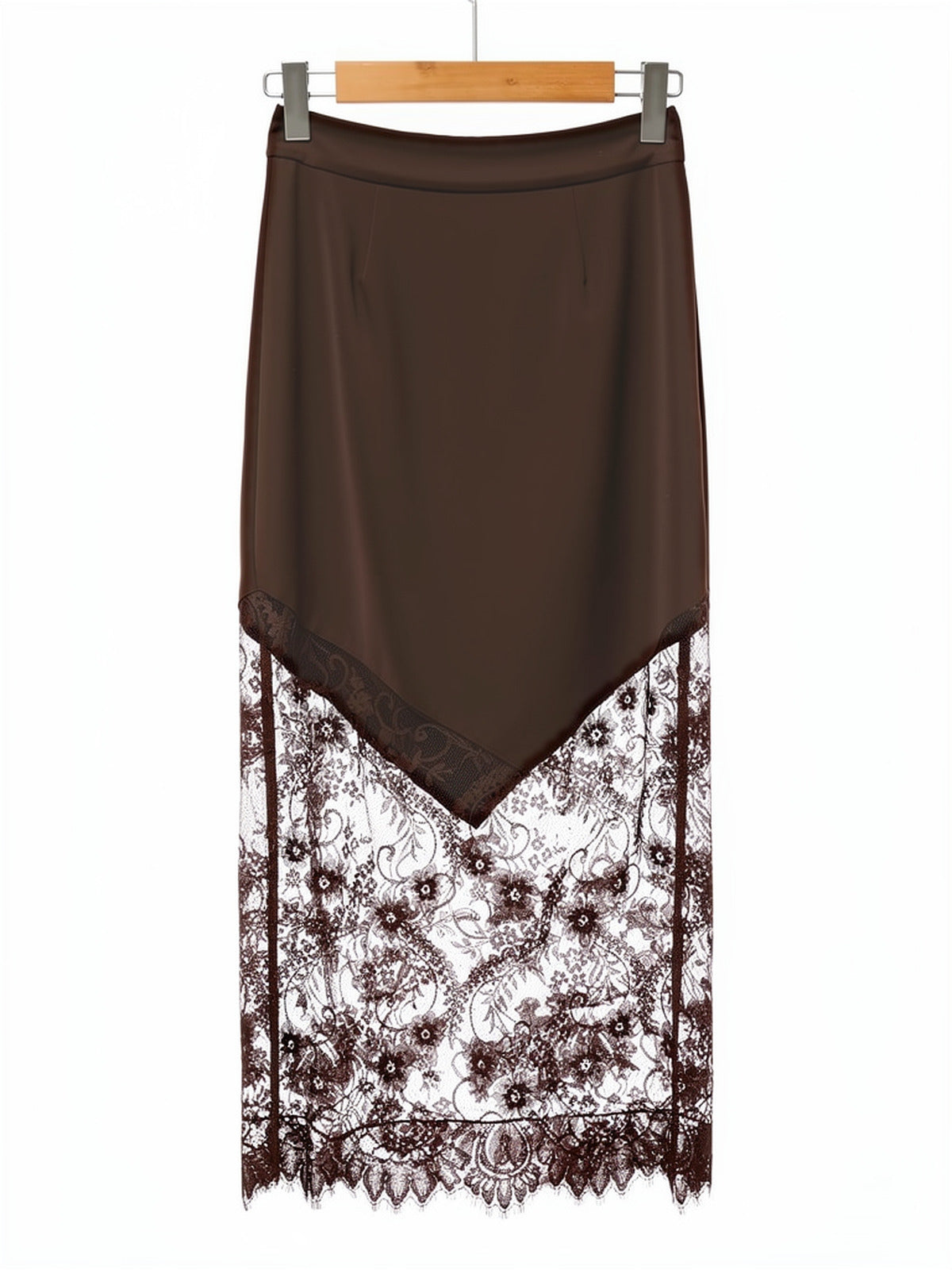 Chestnut lace maxi skirt on a hanger, scalloped eyelash hem