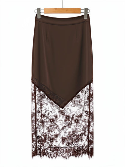 Chestnut lace maxi skirt on a hanger, scalloped eyelash hem
