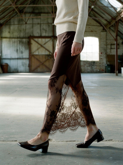 Chestnut lace maxi skirt seen from the side, sheer lace hem in movement