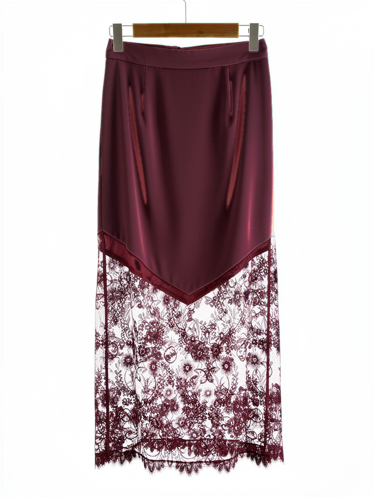 Damson lace maxi skirt on a hanger, plain panel pointed over a sheer floral lace hem