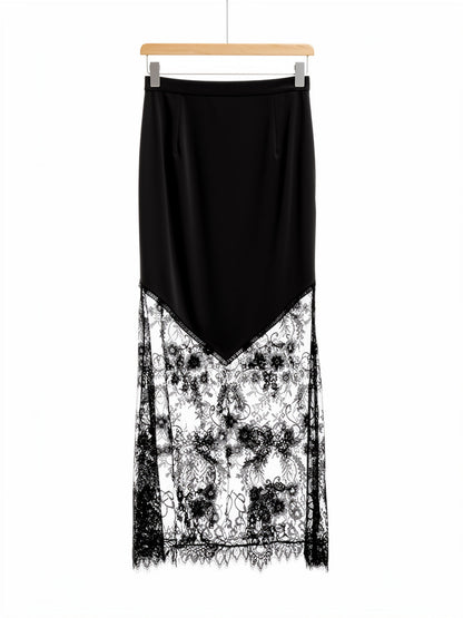 Onyx Black lace maxi skirt on a hanger, sheer lace from the hip to the hem