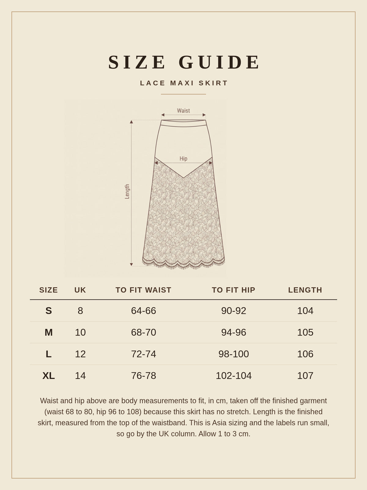 Size guide for the lace maxi skirt, UK 8 to 14