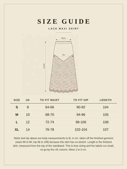 Size guide for the lace maxi skirt, UK 8 to 14