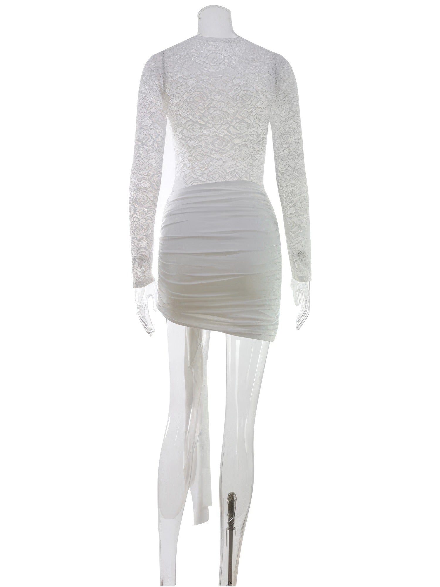 Lace mini dress in Porcelain, back view with the closed lace bodice and ruched skirt