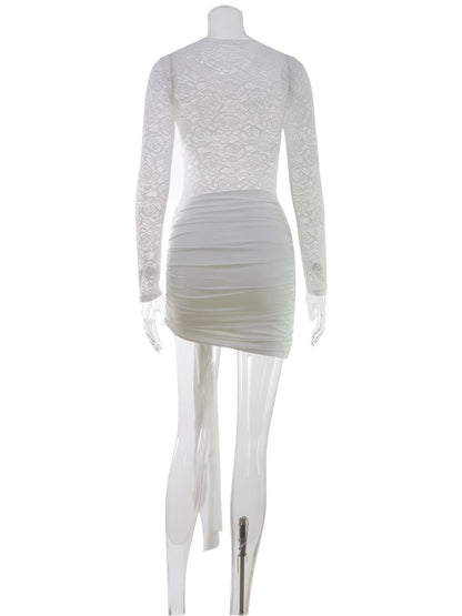 Lace mini dress in Porcelain, back view with the closed lace bodice and ruched skirt