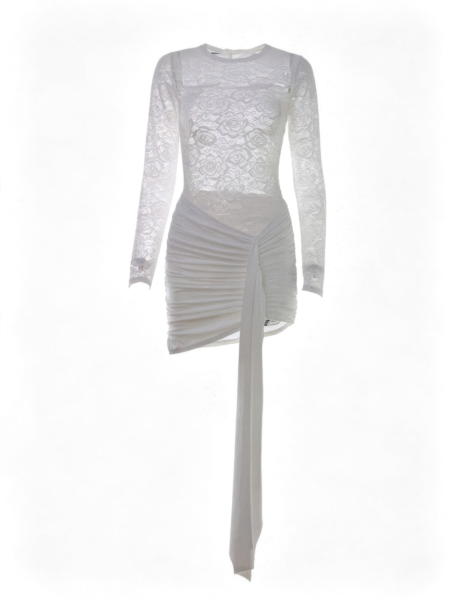 Lace mini dress in Porcelain, front view showing the floral lace bodice and draped sash