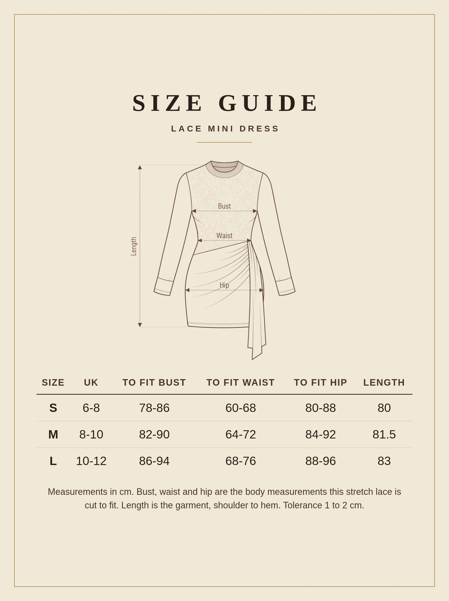 Size guide for the lace mini dress, sizes S to L in centimetres