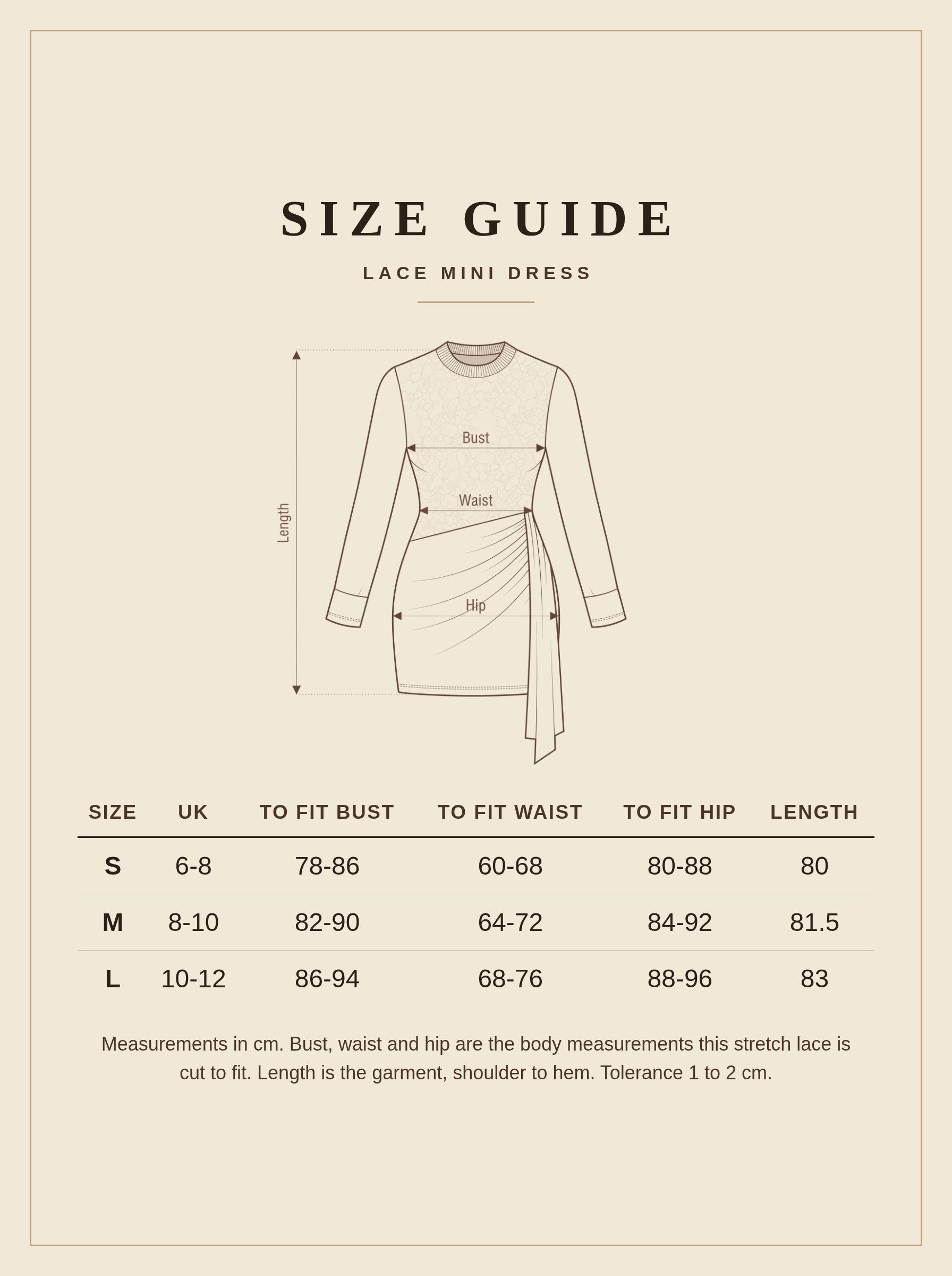 Size guide for the lace mini dress, sizes S to L in centimetres