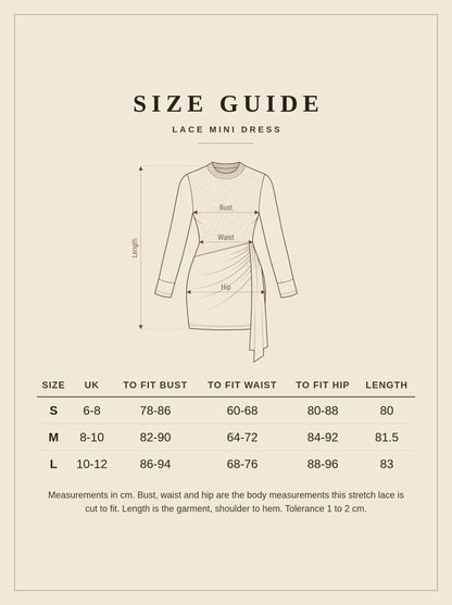 Size guide for the lace mini dress, sizes S to L in centimetres