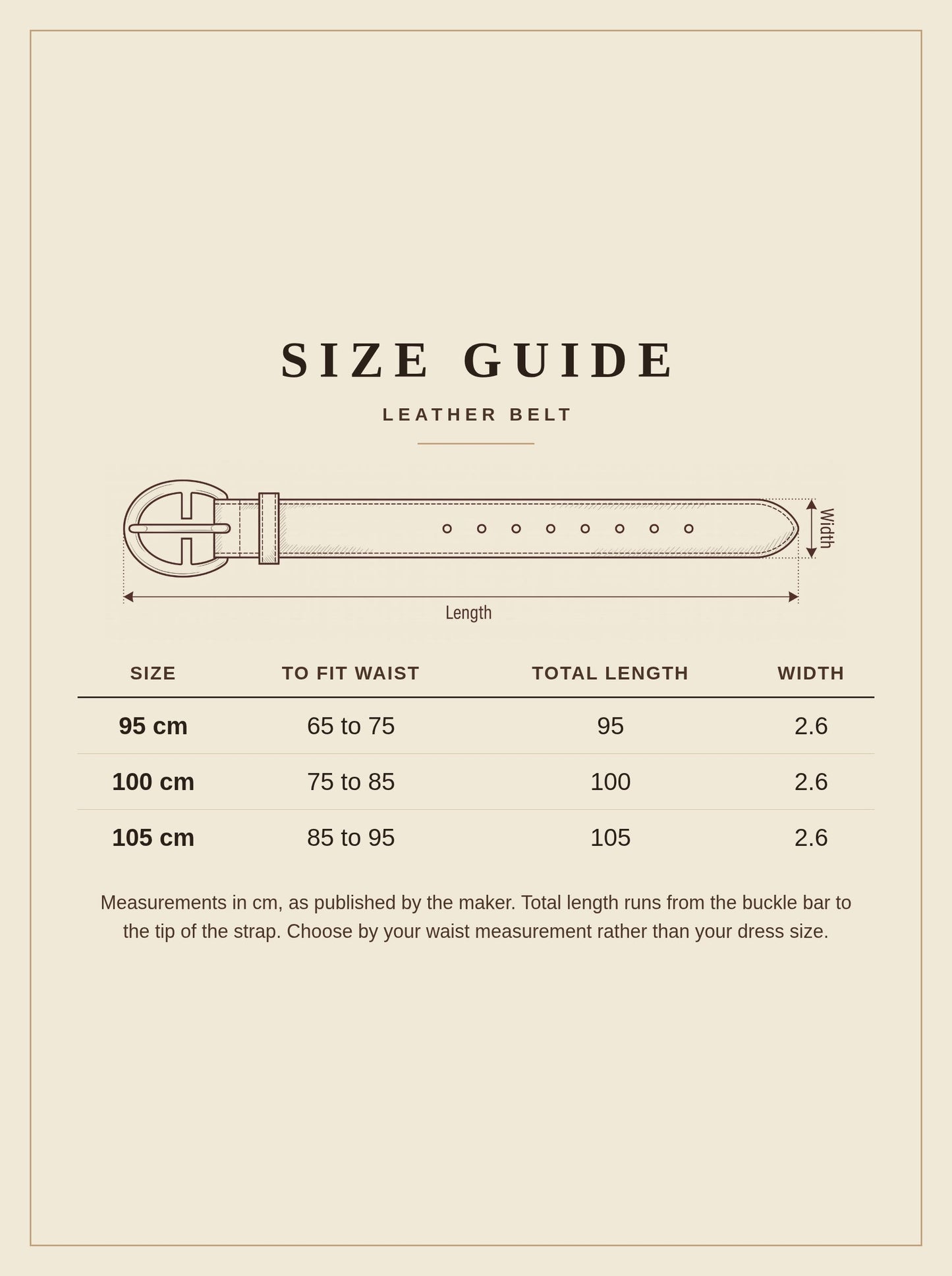 Size guide for the leather belt, waist ranges and total lengths for 95, 100 and 105 cm