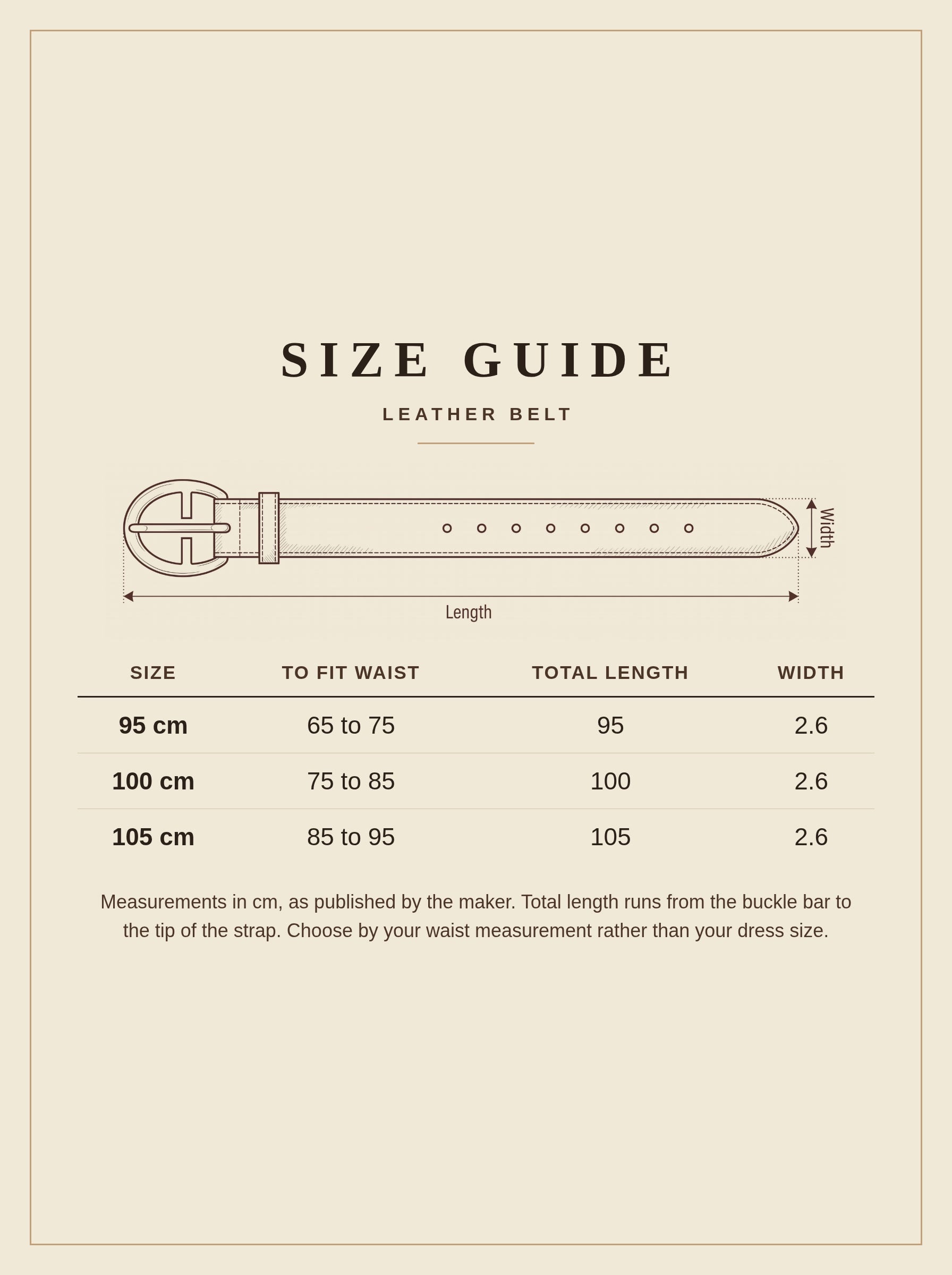 Size guide for the leather belt, waist ranges and total lengths for 95, 100 and 105 cm