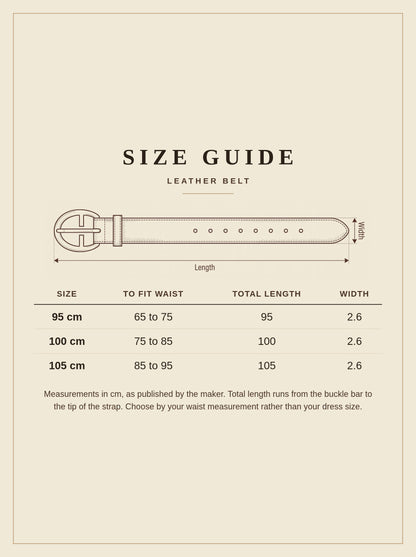 Size guide for the leather belt, waist ranges and total lengths for 95, 100 and 105 cm