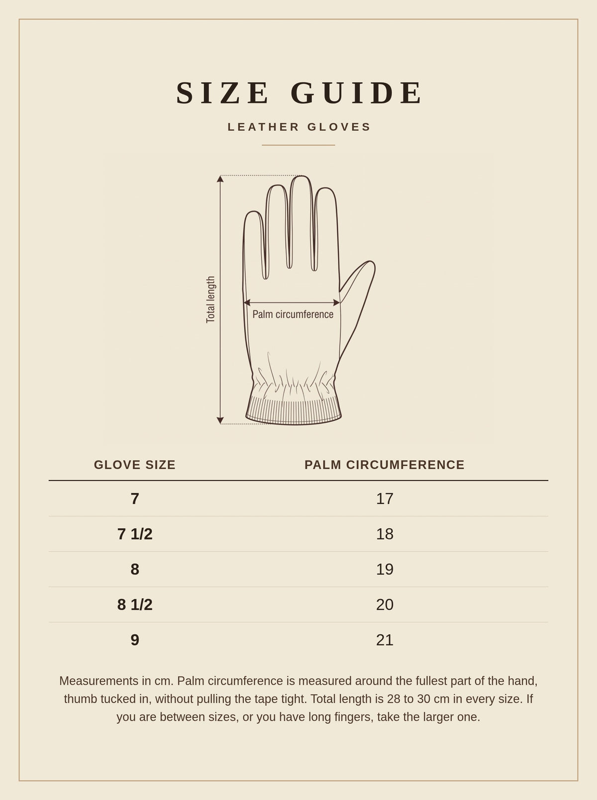 Leather gloves size guide, glove sizes 7 to 9 by palm circumference in centimetres