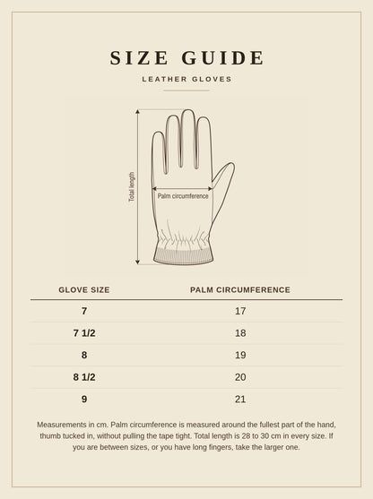 Leather gloves size guide, glove sizes 7 to 9 by palm circumference in centimetres